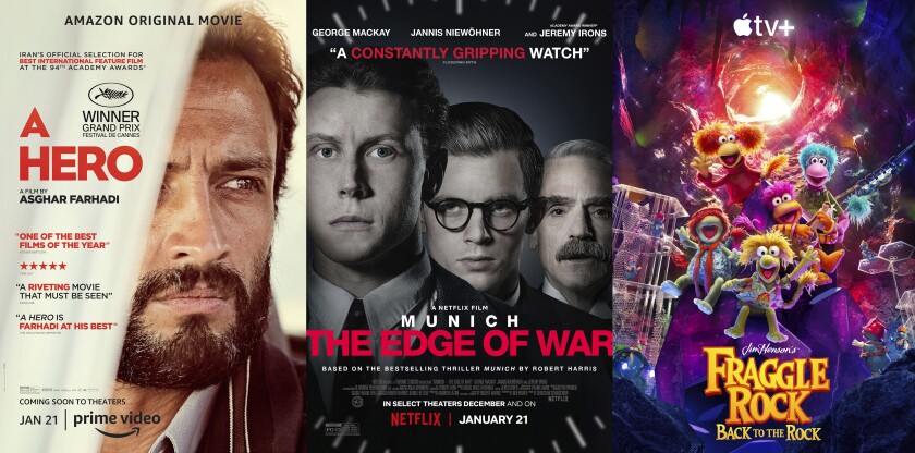 This combination of photos shows promotional art for "A Hero," a film premiering Jan. 21 on Amazon, left, "Munich: The Edge of War," a film premiering Jan. 21 on Netflix and "Fraggle Rock: Back to the Rock," premiering Jan. 21 on Apple TV+. (Amazon/Netflix/Apple TV+ via AP)