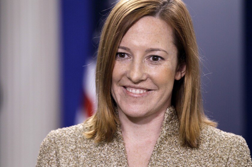 FILE - In this Feb. 16, 2011, file photo Jen Psaki is seen in the James Brady Press Briefing Room of the White House in Washington. (AP Photo/Charles Dharapak, File)