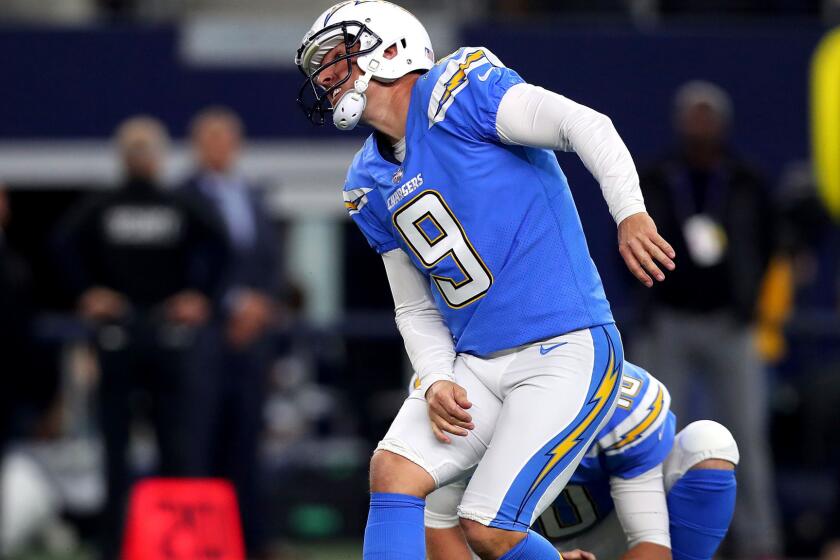 ARLINGTON, TX - NOVEMBER 23: Nick Novak #9 of the Los Angeles Chargers winces after kicking a field goal in the second quarter against the Dallas Cowboys at AT&T Stadium on November 23, 2017 in Arlington, Texas. (Photo by Tom Pennington/Getty Images) ** OUTS - ELSENT, FPG, CM - OUTS * NM, PH, VA if sourced by CT, LA or MoD **