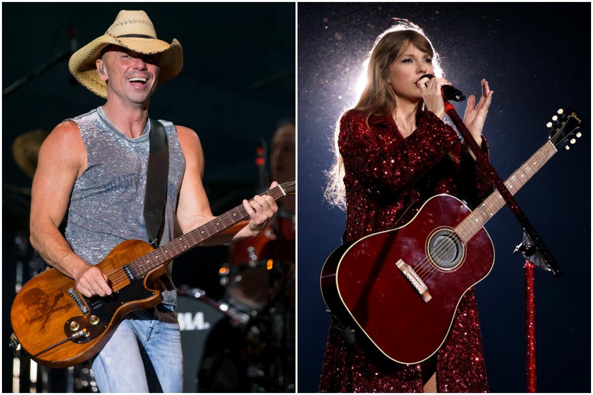 Split: left, Kenny Chesney in a gray muscle shirt and blue jeans, Taylor Swift wears a red dress 