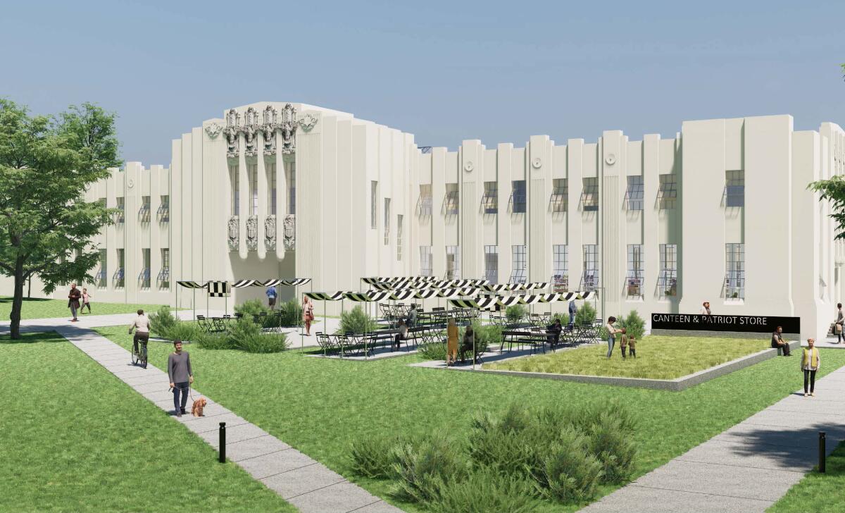 A rendering shows an Art Deco building with two wings spreading out from a central structure. 