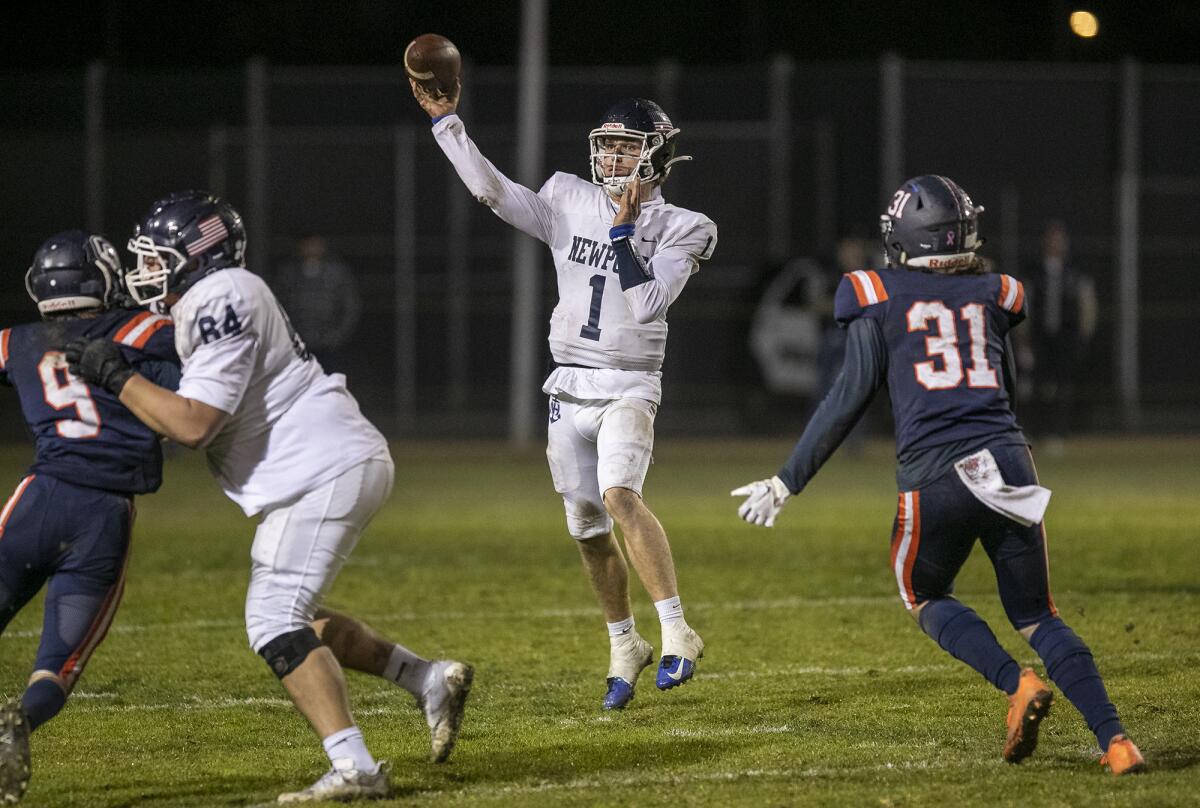 Newport Harbor's quarterback Colton Joseph throws a pass against Cypress on Friday.