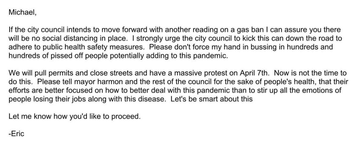 A screenshot of Eric Hofmann's March 16 email to city officials in San Luis Obispo.