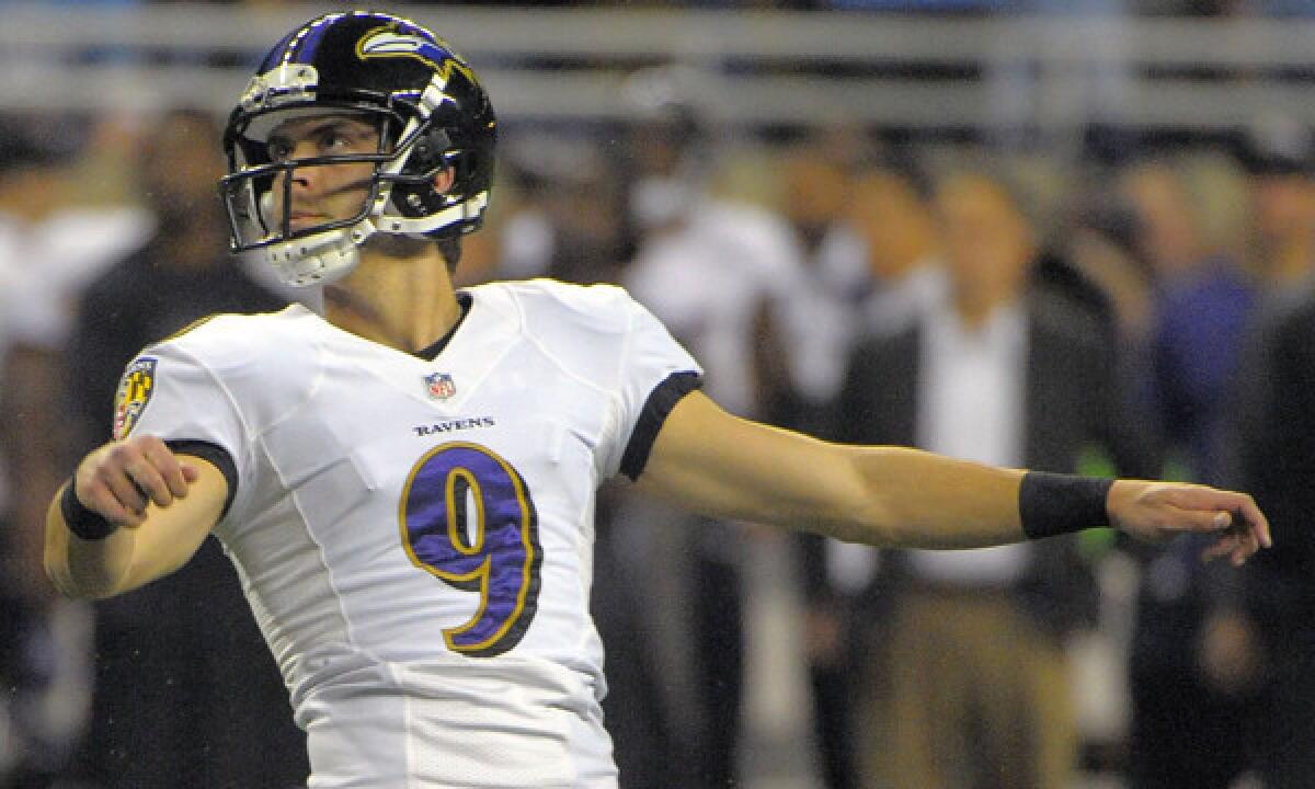 Baltimore kicker Justin Tucker watches a successful field-goal attempt during the second quarter of the Ravens' 18-16 win over the Detroit Lions on Monday night.