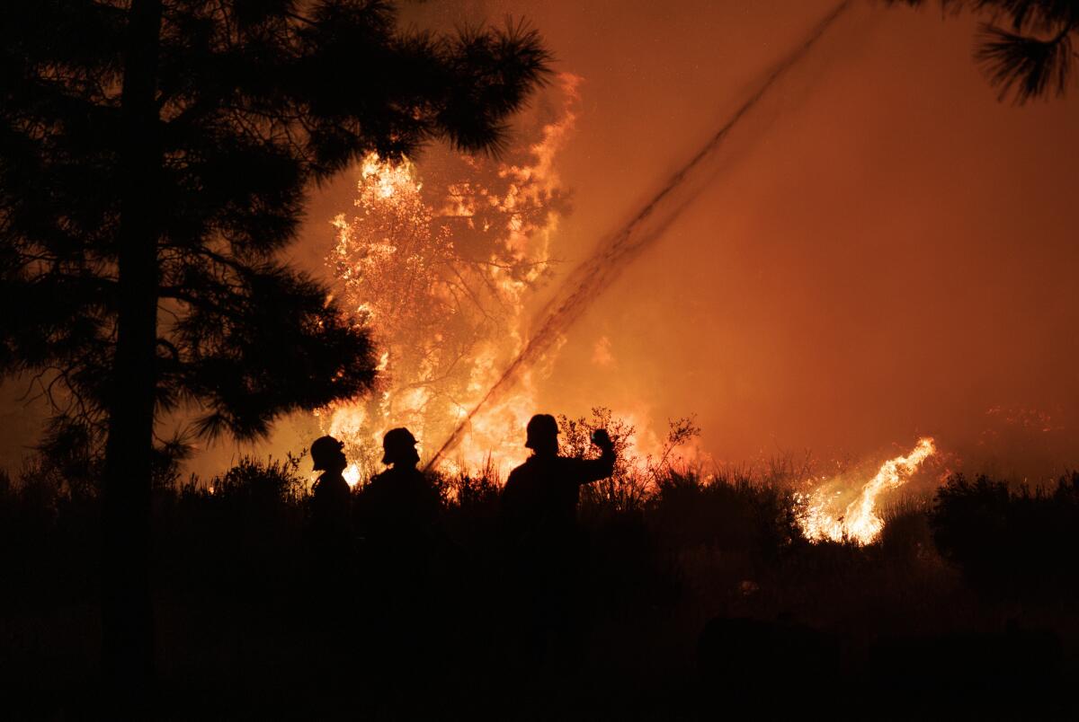 Firefighters are silhouetted against an orange sky