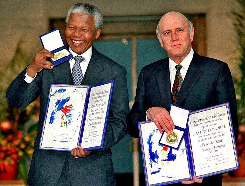 Mandela and President F.W. de Klerk were jointly awarded the Nobel Peace Prize in 1993, for their leadership of a negotiated transfer of power from South Africa's white minority to the black majority.