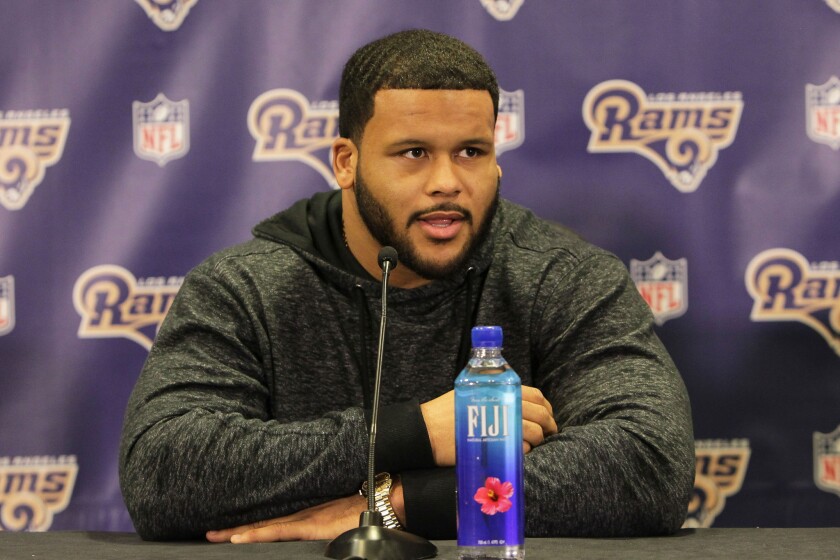 Rams defensive tackle Aaron Donald speaks at a news conference on March 4 in Manhattan Beach as the team held its first meeting in Southern California.