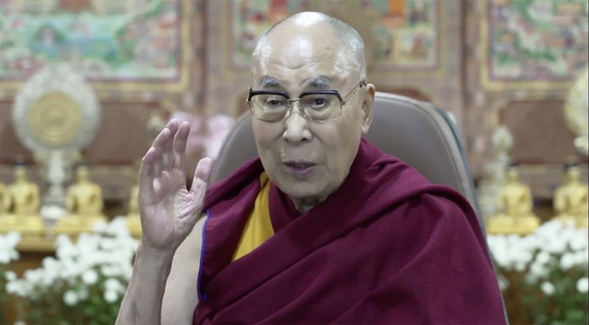 In this image taken from live stream video, the Dalai Lama speaks from Dharamsala, India, at an online press conference hosted by Foreign Correspondents' Club of Japan in Tokyo Wednesday, Nov. 10, 2021. Exiled Tibetan spiritual leader said Wednesday, Nov. 10, 2021, that China's leaders don't understand the variety of different cultures and that the ruling Communist Party's penchant for tight social control can be harmful. The 86-year-old Buddhist monk also said he wished to remain home in India, where he has lived since 1959 after a failed uprising against Chinese rule in Tibet. (Foreign Correspondents’ Club of Japan via AP)