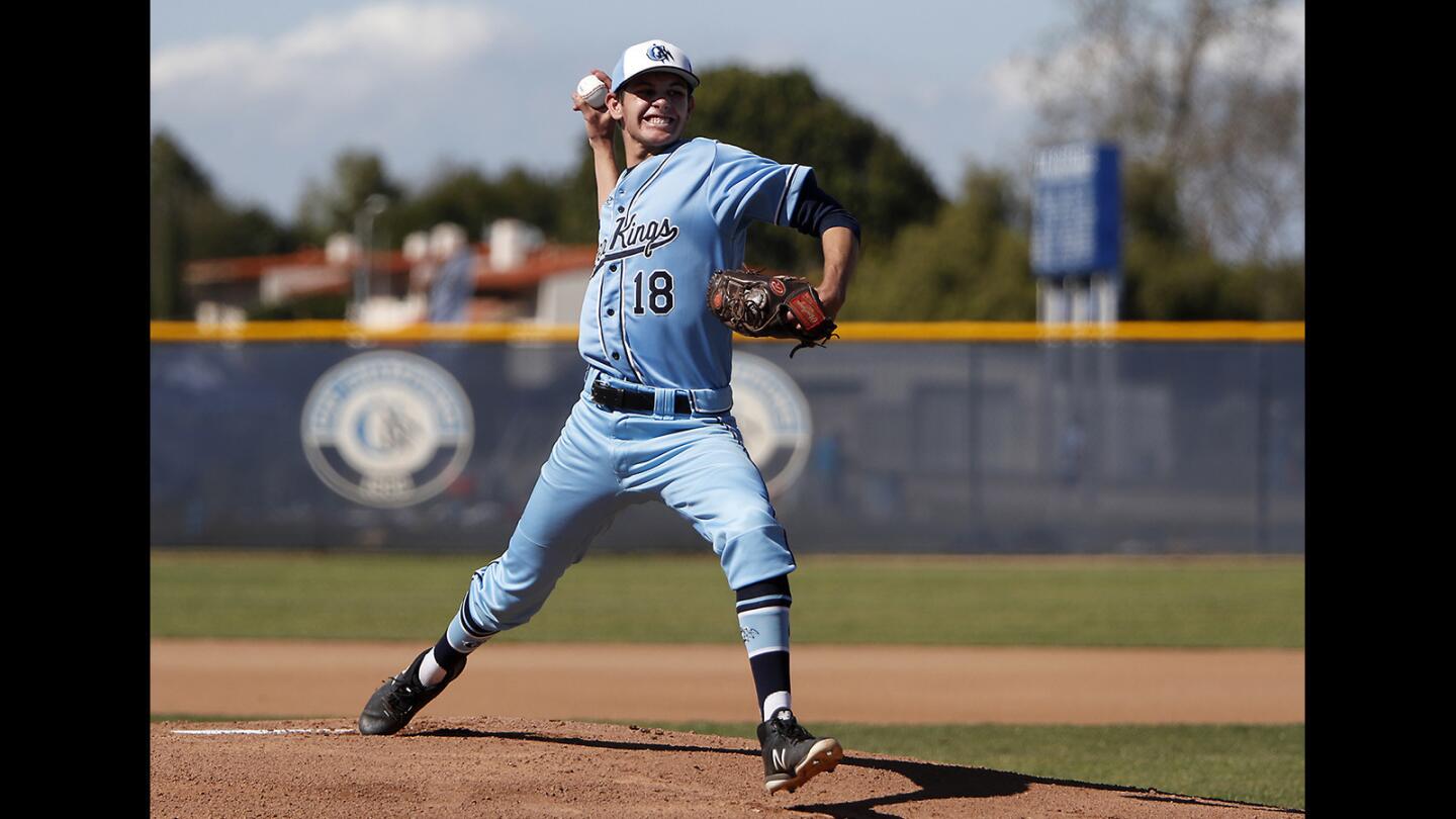 Corona del Mar High starter Jarrett Thompson pitches against Marina in the first inning of a Wave League game at Corona del Mar on Wednesday.