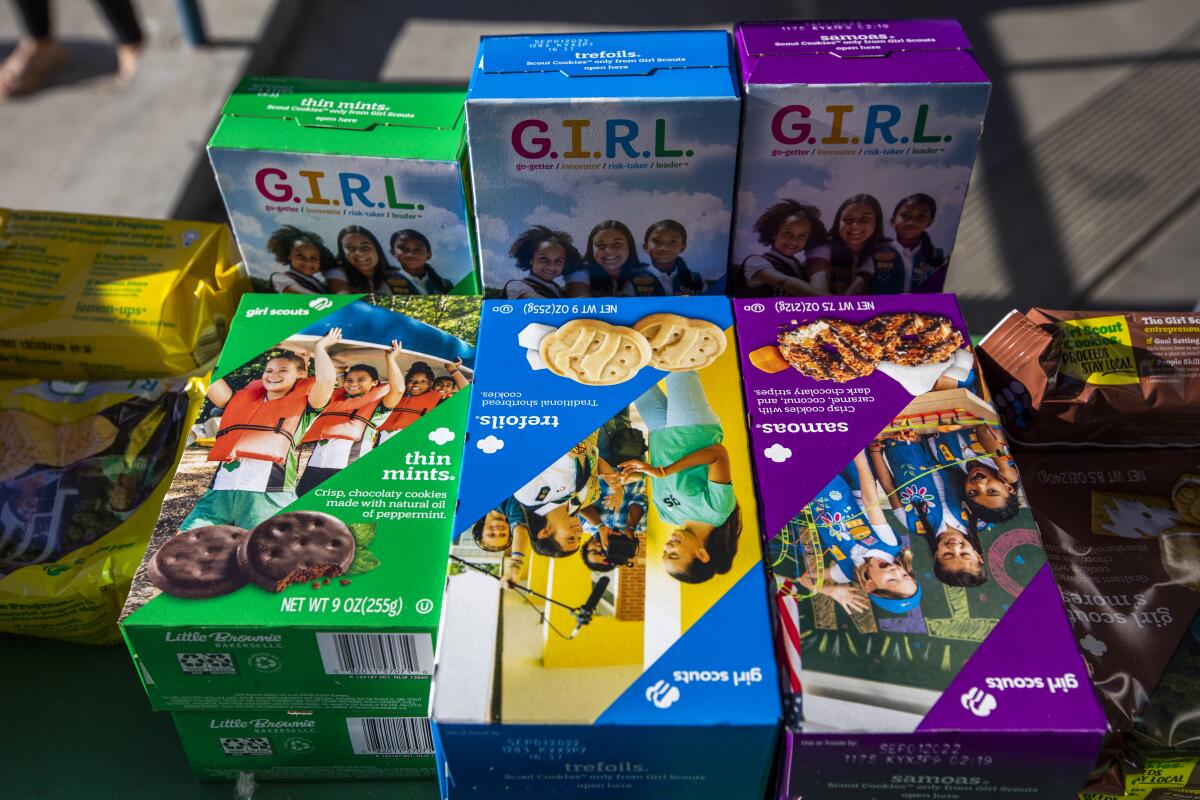 Girls Scouts sell cookies in Mar Vista on Feb. 11, 2022.