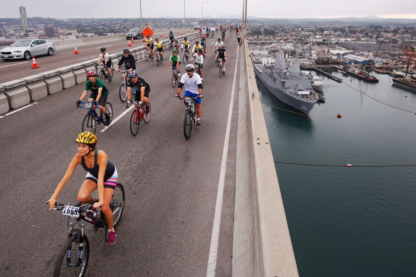 Riders make their way over the San Diego-Coronado Bay Bridge during the ninth annual Bike the Bay ride.