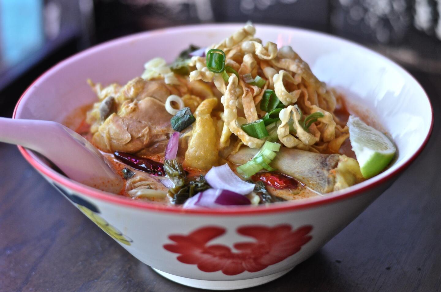 A bowl of khao soi, this one with a chicken leg, at the new northern Thai restaurant on Hollywood Boulevard.