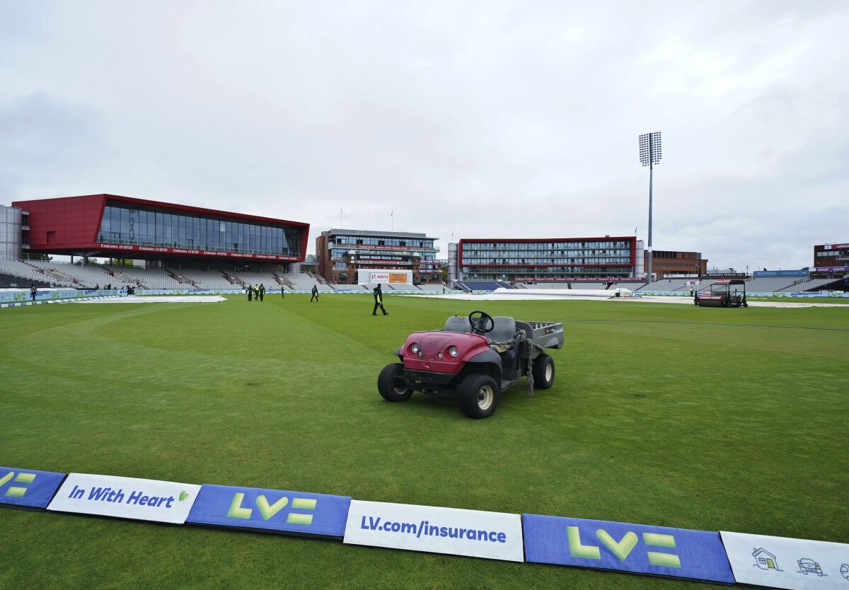Old Trafford cricket ground is seen after fifth and final cricket test match between England and India was canceled in Manchester, England, Friday, Sept. 10, 2021. The fifth and final test of the cricket series between England and India was canceled on Friday barely two hours before play was due to start in Manchester, following a coronavirus outbreak in the India camp. (AP Photo/Jon Super)