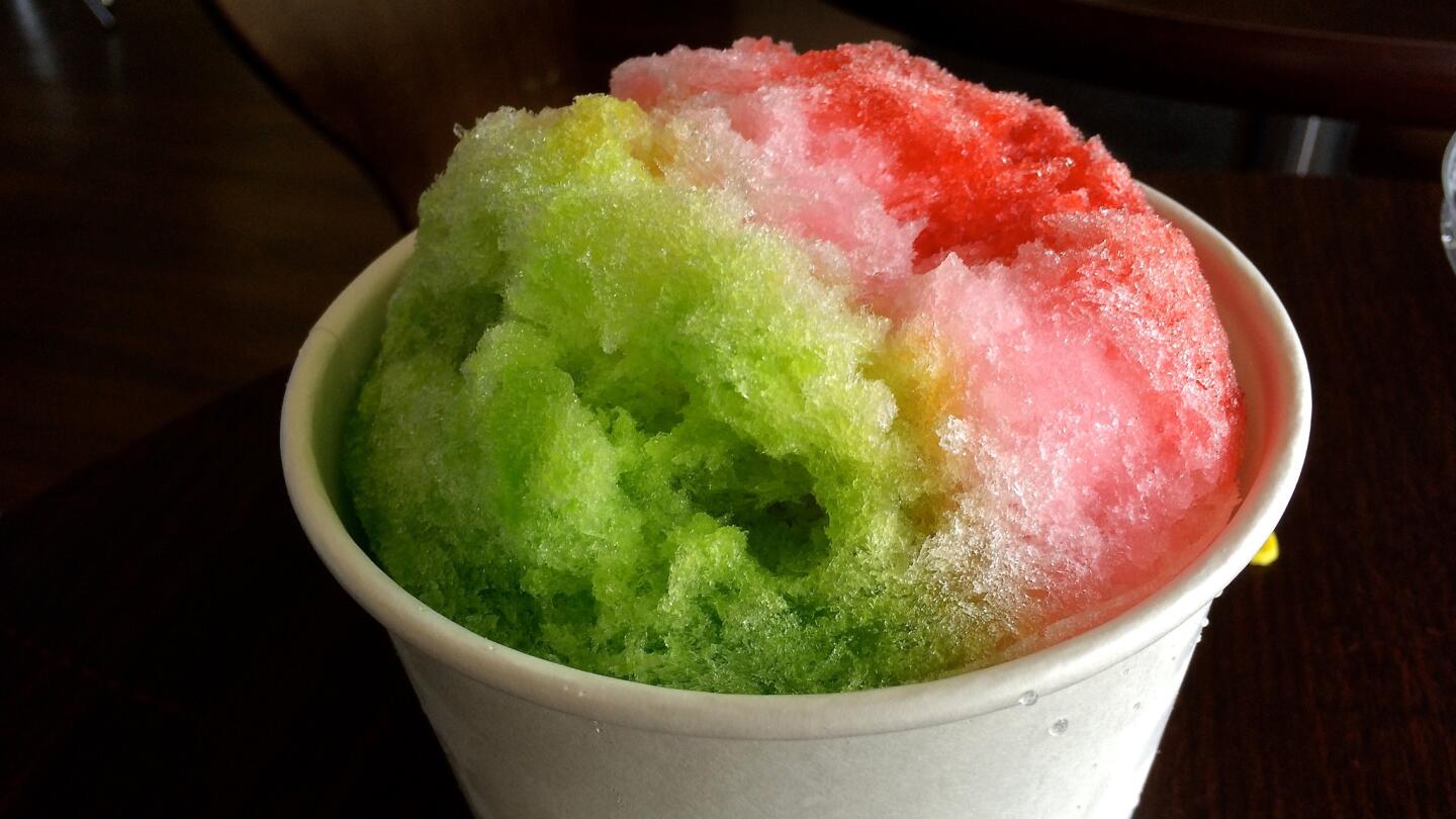 Rainbow colors in shave ice at Tasty Block.