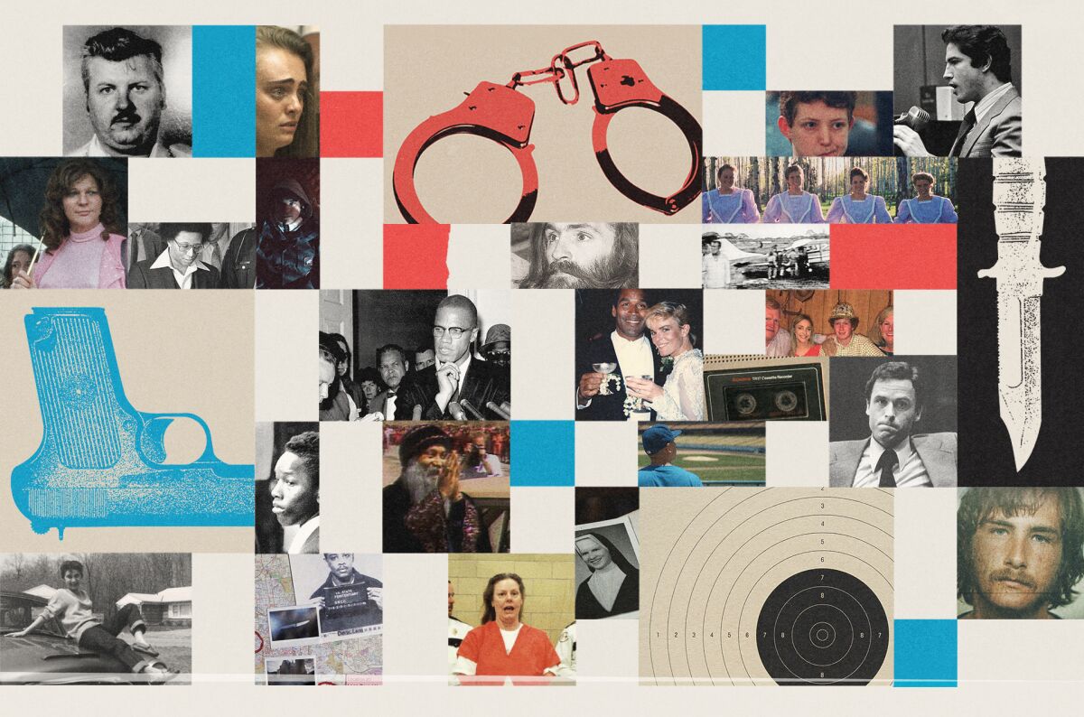 A collage of people, weapons and handcuffs.