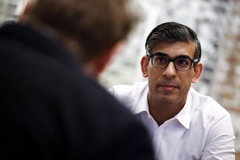 Britain's Prime Minister and Conservative Party leader Rishi Sunak meets with nighttime economy representatives in central London, Saturday June 22, 2024 as part of a campaign event in the build-up to the July 4 general election. (Benjamin Cremel/Pool Photo via AP)