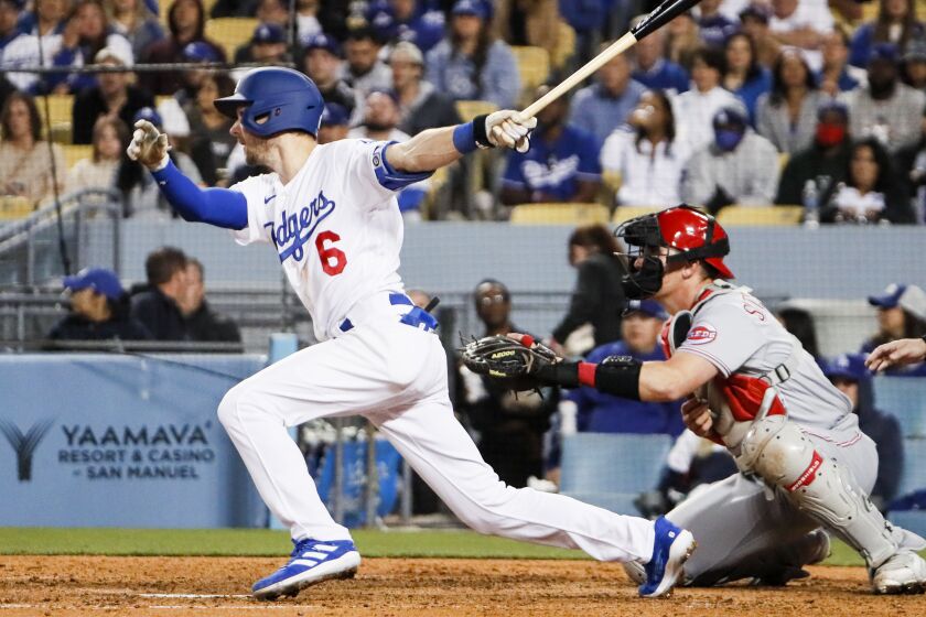 Los Angeles, CA - April 14: Los Angeles Dodgers shortstop Trea Turner (6) follows through.