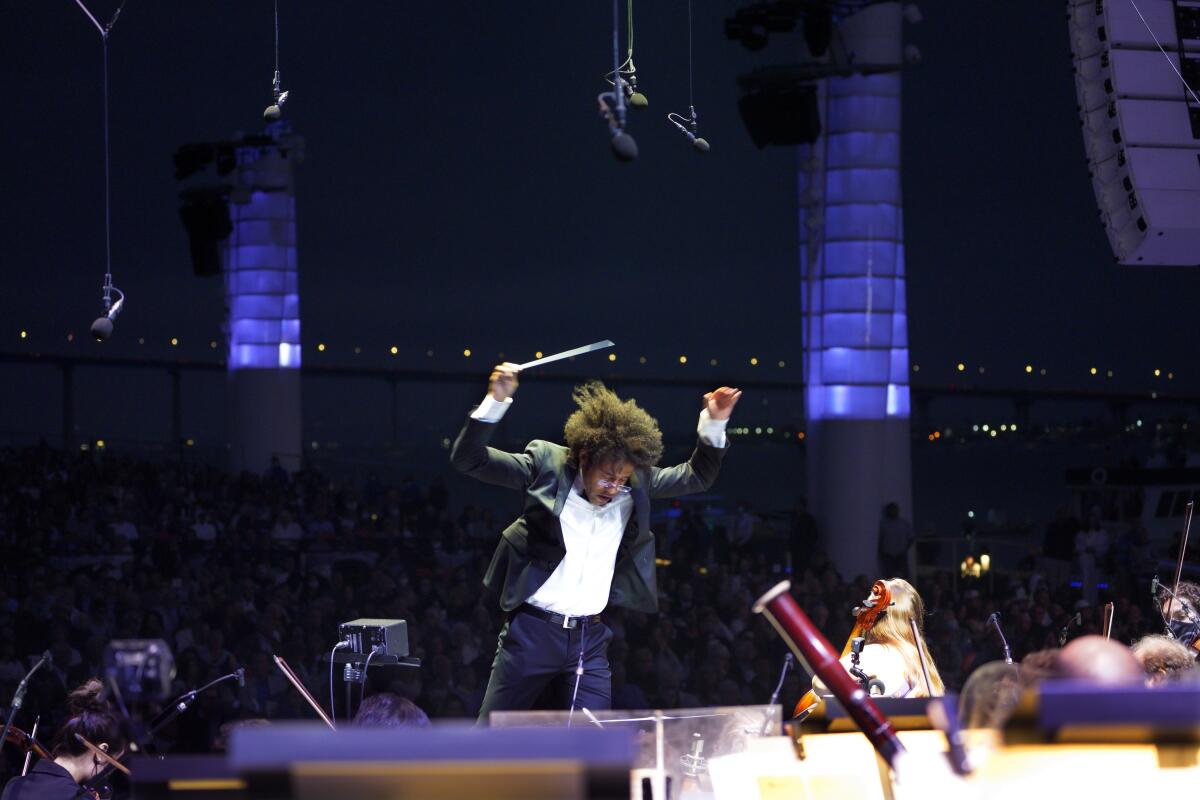 Rafael Payare conducts the San Diego Symphony at The Rady Shell at Jacob Park.