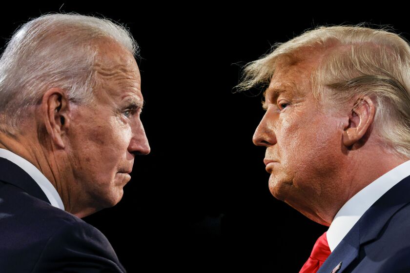 BATTLE FOR THE PRESIDENCY-Diptych photo of President Donald Trump and competitor Joe Biden