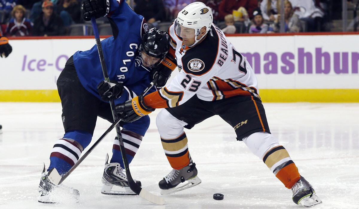 Ducks defenseman Francois Beauchemin, battling Avalanche center Matt Duchene for the puck, will sit out Monday's game against the San Jose Sharks to give his broken finger more time to heal.