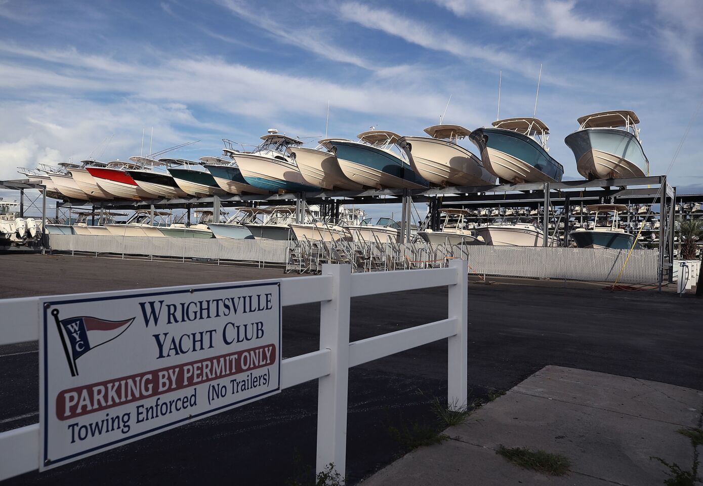 Boats are dry-docked at the Wrightsville Yacht Club on Wednesday in Wrightsville Beach, N.C.
