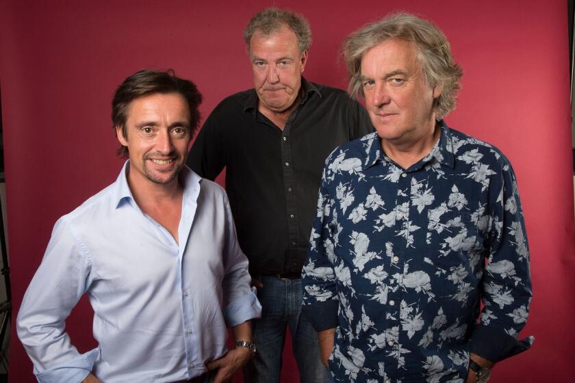 LOS ANGELES, CA, TUESDAY, SEPTEMBER 27, 2016 - The former cast of the BBC show "Top Gear," is together again for an Amazon Prime show, "the Grand Tour." Richard Hammond, left, Jeremy Clarkson, and James May (Robert Gauthier/Los Angeles Times)