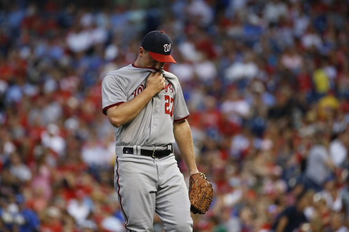Washington ace Jordan Zimmermann made a sudden exit from a start against the Philadelphia Phillies on Friday in the fourth inning.