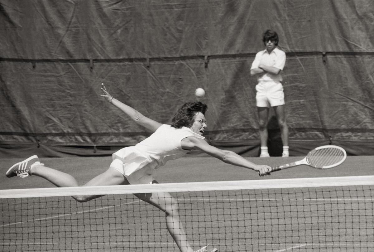 Billie Jean King tries for a a backhand volley at the 1972 U.S. Open
