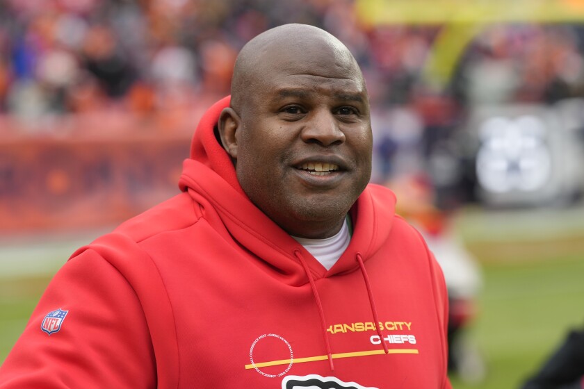 Kansas City Chiefs offensive coordinator Eric Bieniemy is shown before an NFL football game against the Denver Broncos, Saturday, Jan. 8, 2022, in Denver. Passed over innumerable times for head jobs over the past few seasons, Eric Bieniemy is again a hot commodity as the Chiefs prepare for a divisional-round matchup with the Bills on Sunday night. (AP Photo/David Zalubowski)