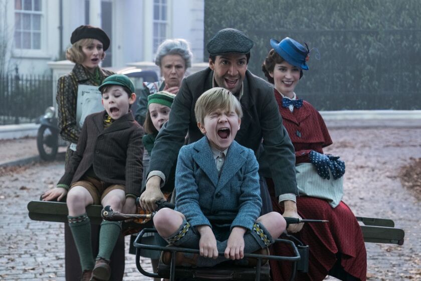 ********2018 HOLIDAY SNEAKS***DO NOT USE PRIOR TO SUNDAY NOV. 4, 2018******(L-R) - Jane (Emily Mortimer), John (Nathanael Saleh), Annabel (Pixie Davies, Ellen (Julie Walters), Jack (Lin-Manuel Miranda), Georgie (Joel Dawson) and Mary Poppins (Emily Blunt) in "MARY POPPINS RETURNS," Disney?s original musical which takes audiences on an entirely new adventure with the practically-perfect nanny and the Banks family. Credit: Jay Maidment/ Disney