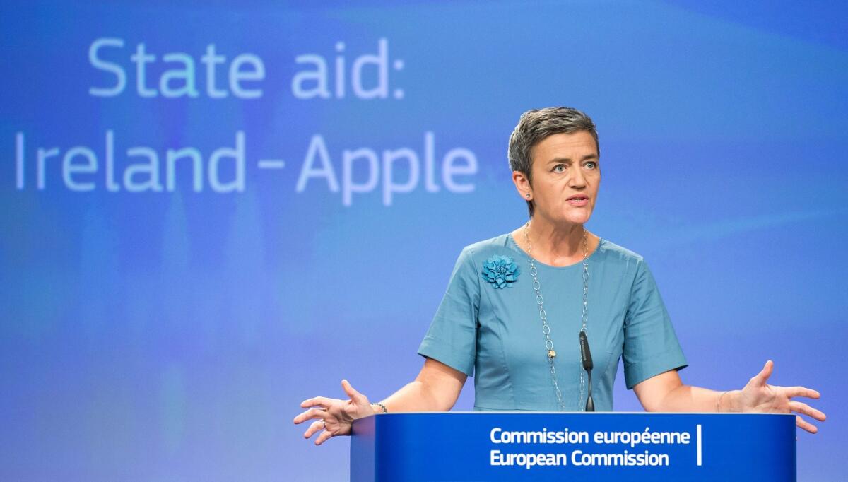 Danish EU Commissioner for Competition Margrethe Vestager speaks at a news conference on a case of illegal tax benefits for Apple at the European Commission in Brussels, Belgium, on Aug. 30.