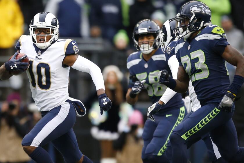 SEATTLE, WA - DECEMBER 17: Wide receiver Pharoh Cooper #10 of the Los Angeles Rams makes a 53-yard return to the one-yard line against the Seattle Seahawks during the first quarter of the game at CenturyLink Field on December 17, 2017 in Seattle, Washington. (Photo by Otto Greule Jr /Getty Images) ** OUTS - ELSENT, FPG, CM - OUTS * NM, PH, VA if sourced by CT, LA or MoD **