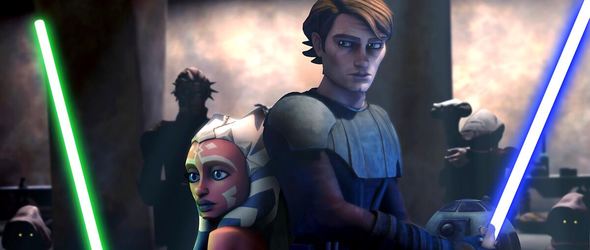 A computer-animated girl and boy standing back-to-back and holding up their lightsabers