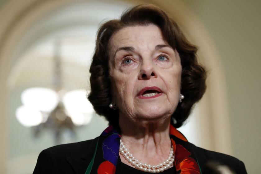 FILE - In this Oct. 4, 2018, file photo Sen. Dianne Feinstein, D-Calif., speaks to the media on Capitol Hill, in Washington. A Southern California man has been arrested after authorities say he sent an email threatening to kill Feinstein, on Sept. 30. (AP Photo/Alex Brandon, file)