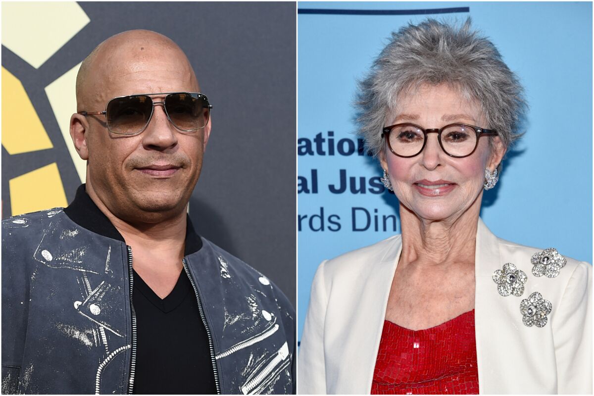 A split image of a bald man wearing sunglasses, left, and a woman with short gray hair posing in a white blazer
