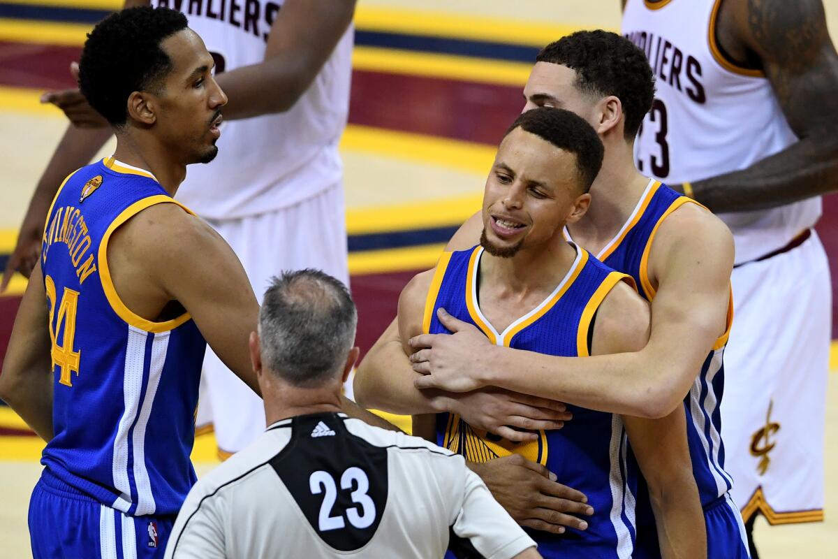 Stephen Curry reacts to receiving his sixth foul in Game 6 of the NBA Finals.