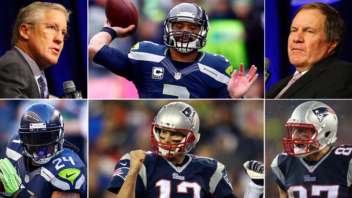 The stage is set for Super Bowl XLIX (clockwise from bottom left): Seahawks running back Marshawn Lynch, Coach Pete Carroll and quarterback Russell Wilson will square off against Patriots Coach Bill Belichick, tight end Rob Gronkowski and quarterback Tom Brady.