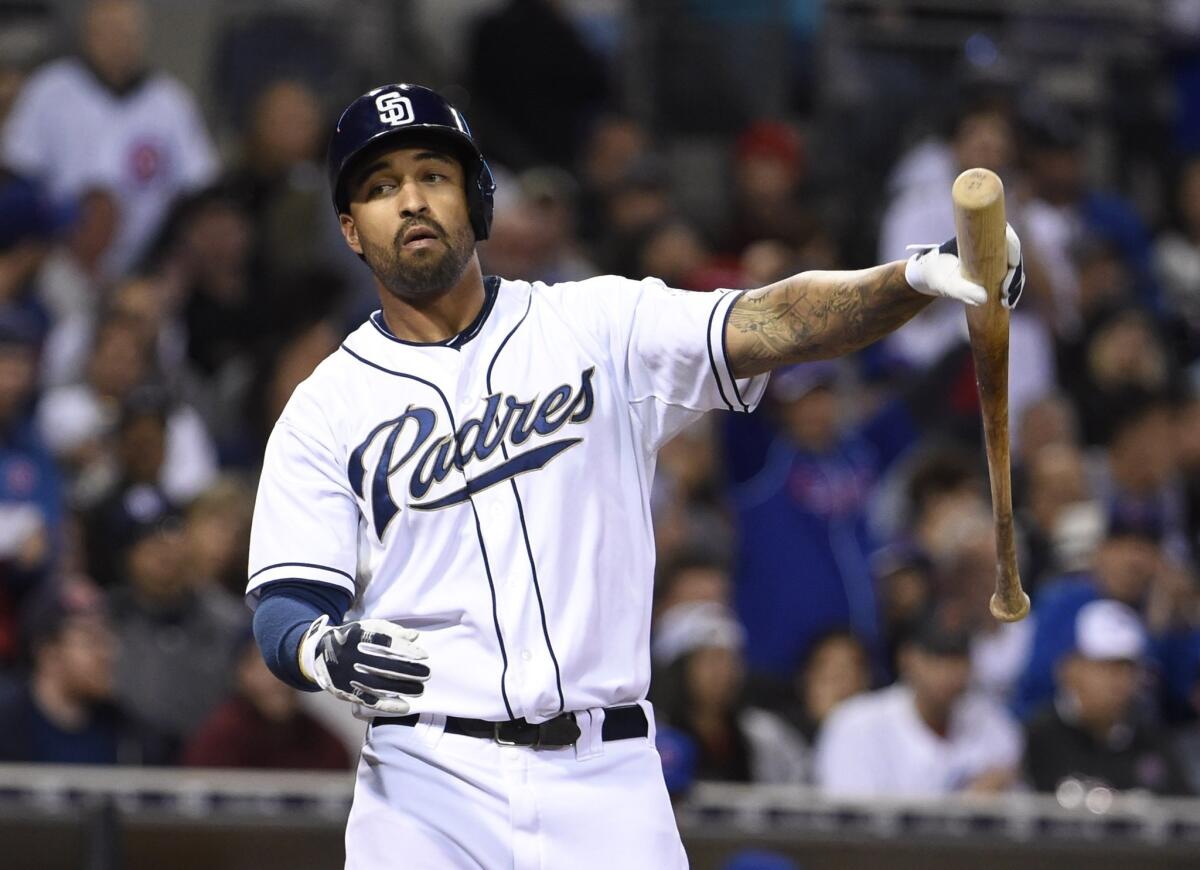 San Diego's Matt Kemp tosses his bat after striking out against the Chicago Cubs on May 20.