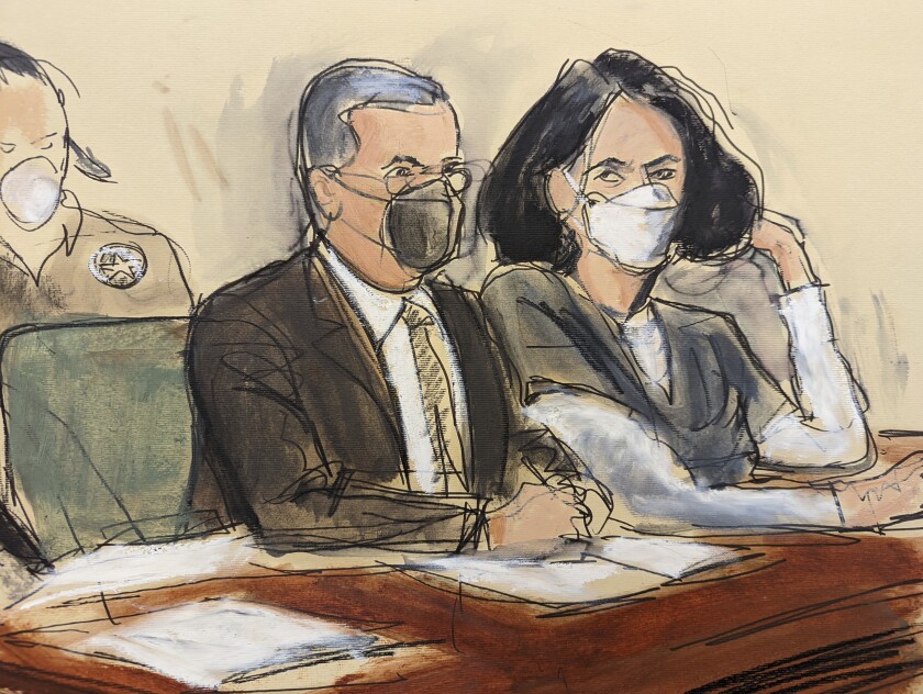 In this courtroom sketch, Ghislaine Maxwell is seated beside attorney Christian Everdell as they watch the prosecutor speak.