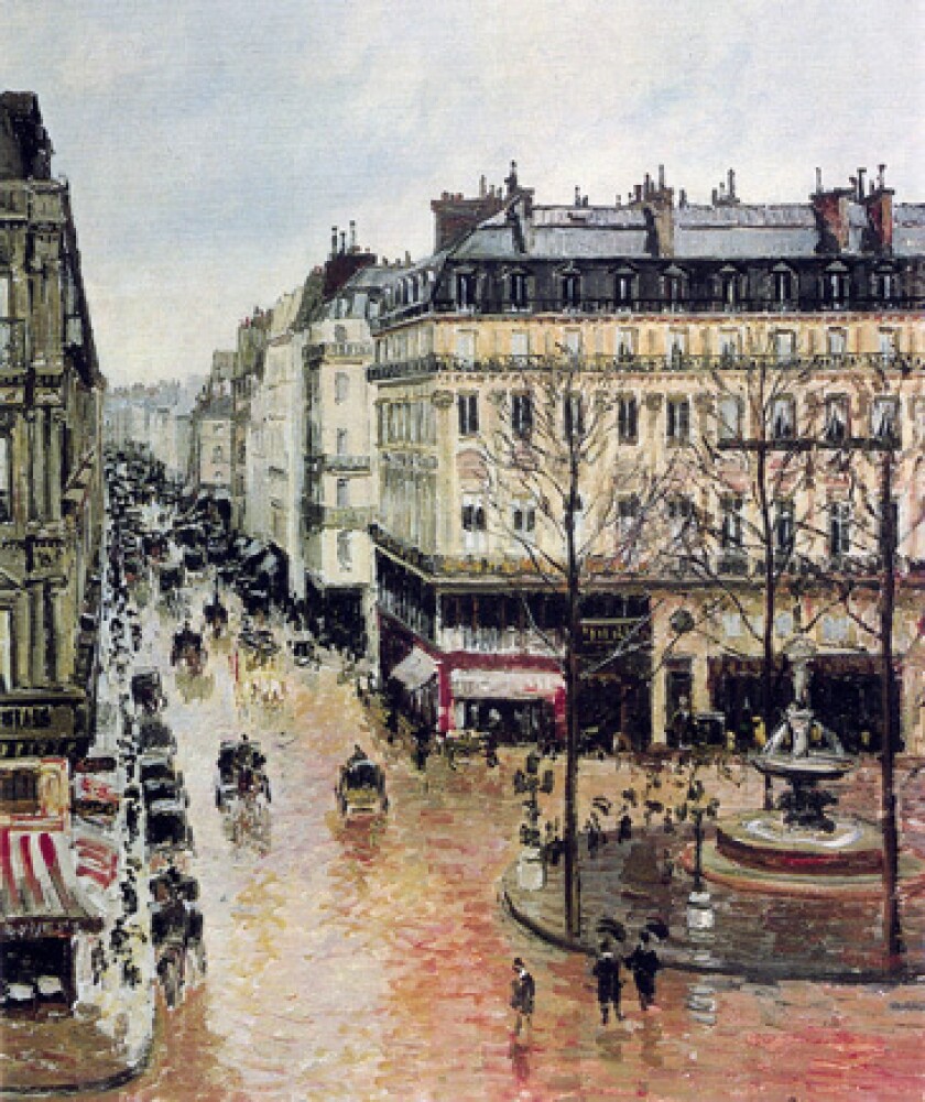 Camille Pissarro painted this view of a street on a rainy day in 1897.