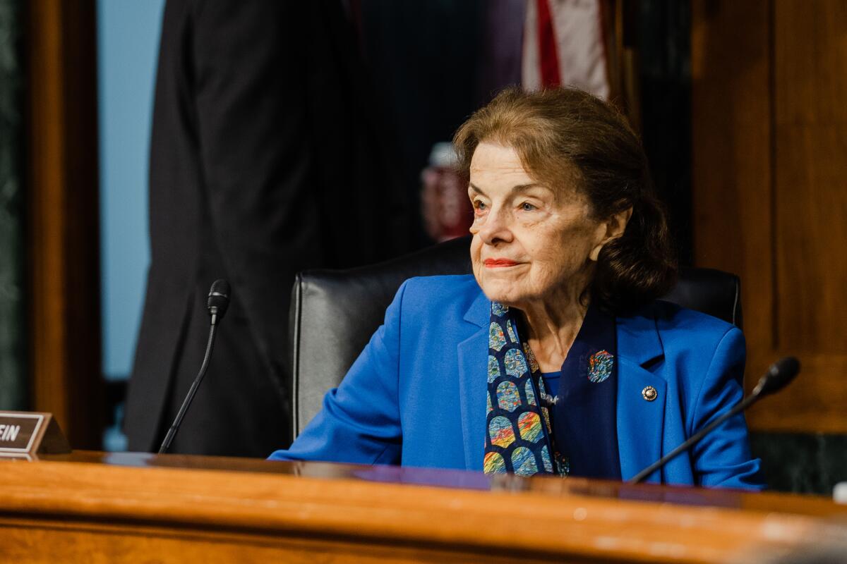 Sen. Dianne Feinstein (D-Calif.) attends a Senate Judiciary Committee meeting in Washington on May 18. 
