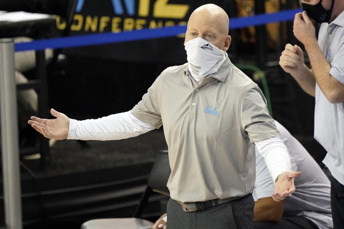 UCLA head coach Mick Cronin argues a call during the second half against Colorado.