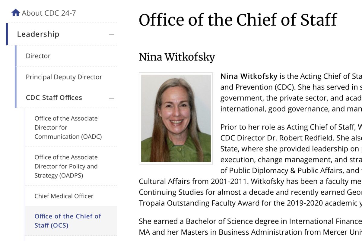 A capsule biography of Nina Witkofsky, new acting chief of staff, on the CDC's website