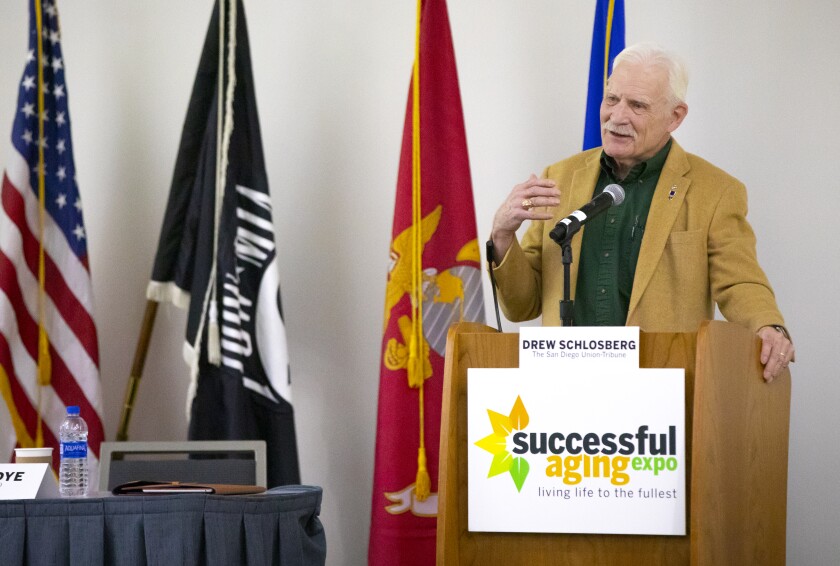 Retired Marine Capt. Dale Dye speaks at the San Diego Union-Tribune's Successful Aging Expo in 2019.