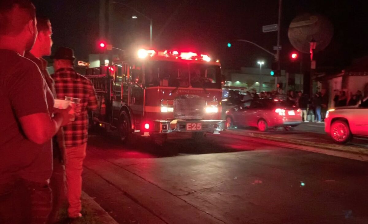 Firefighters respond to reports of an explosion at an Oktoberfest celebration in Huntington Beach on Saturday night.
