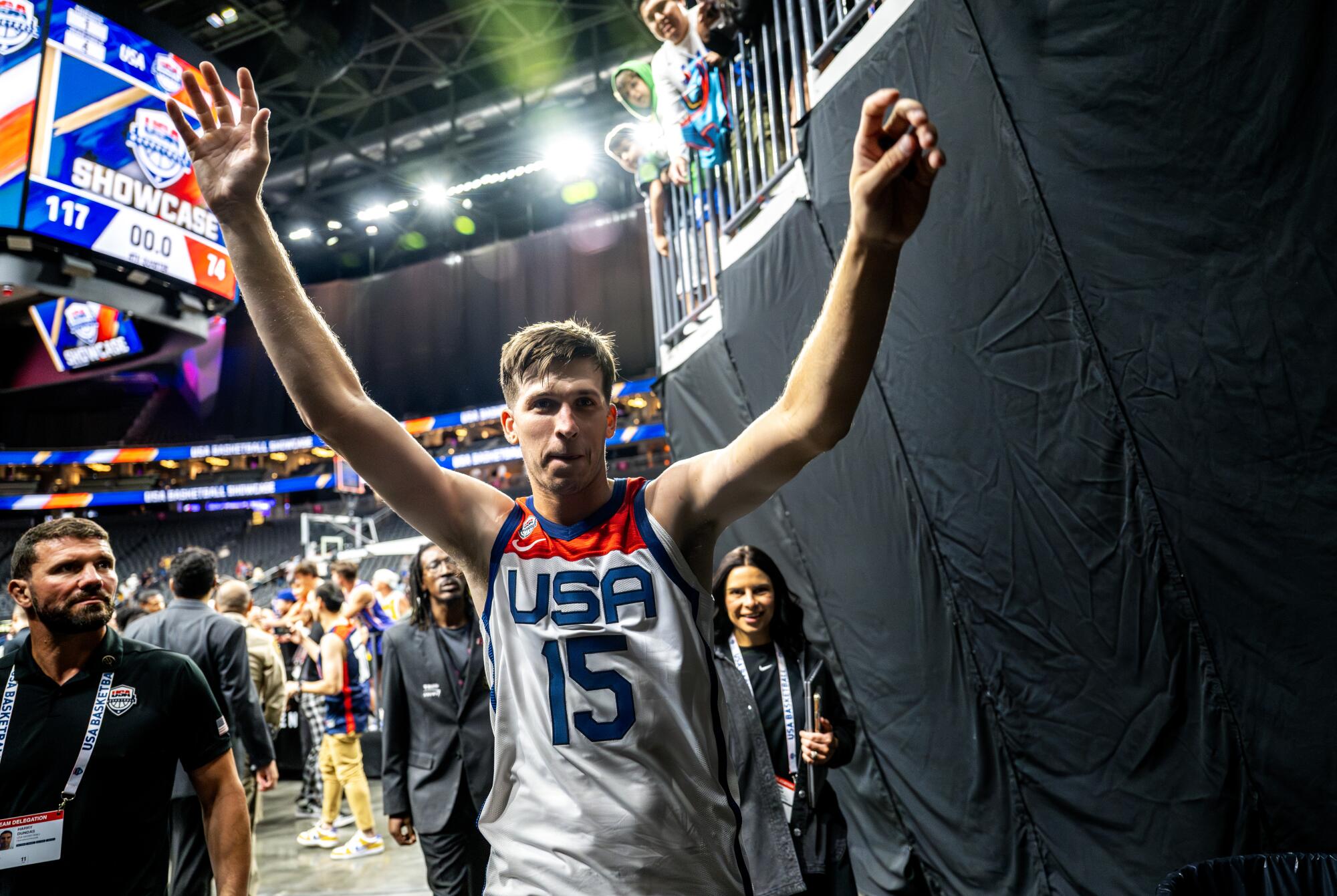 Austin Reaves leaves the court after Team USA defeated Puerto Rico in an exhibition game at T-Mobile Arena in Las Vegas.