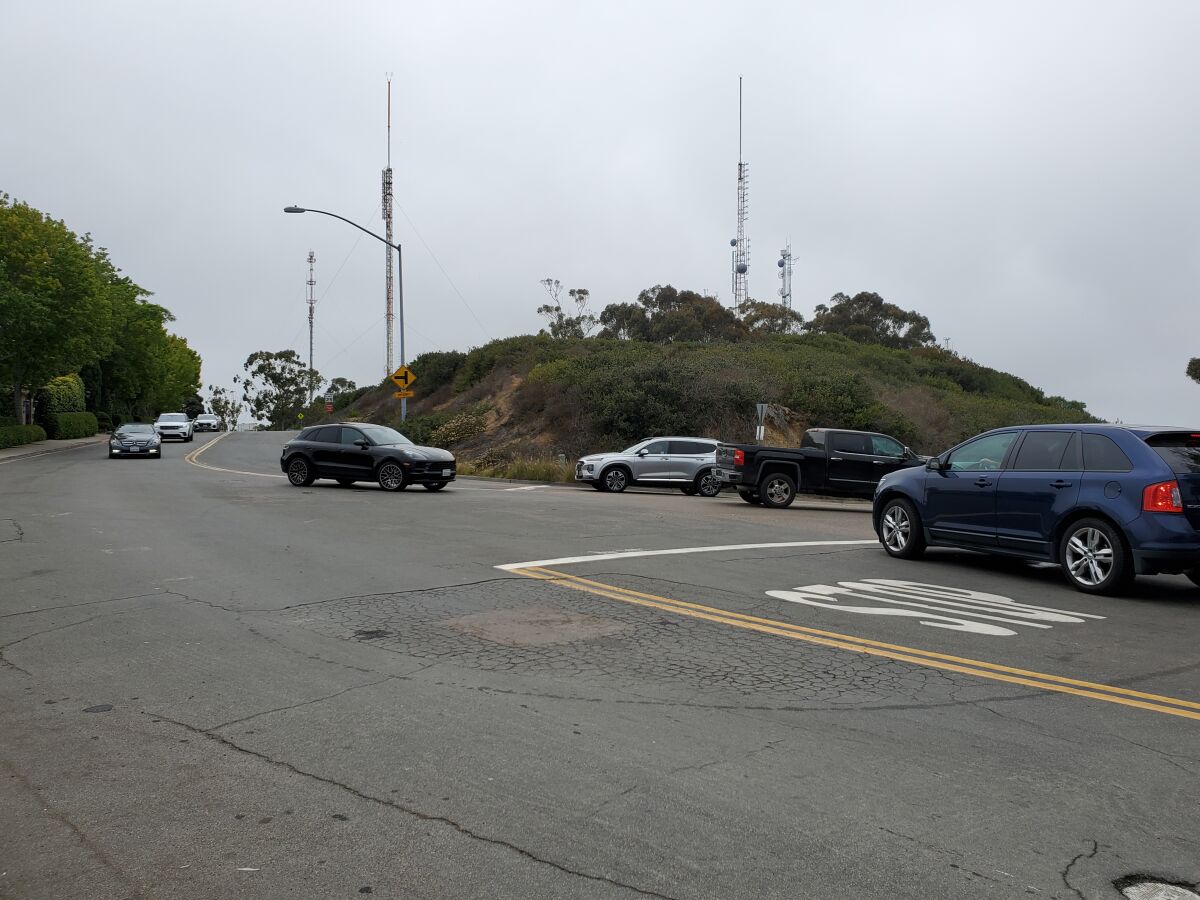 The intersection of La Jolla Scenic Drive South, Via Capri and Soledad Park Road