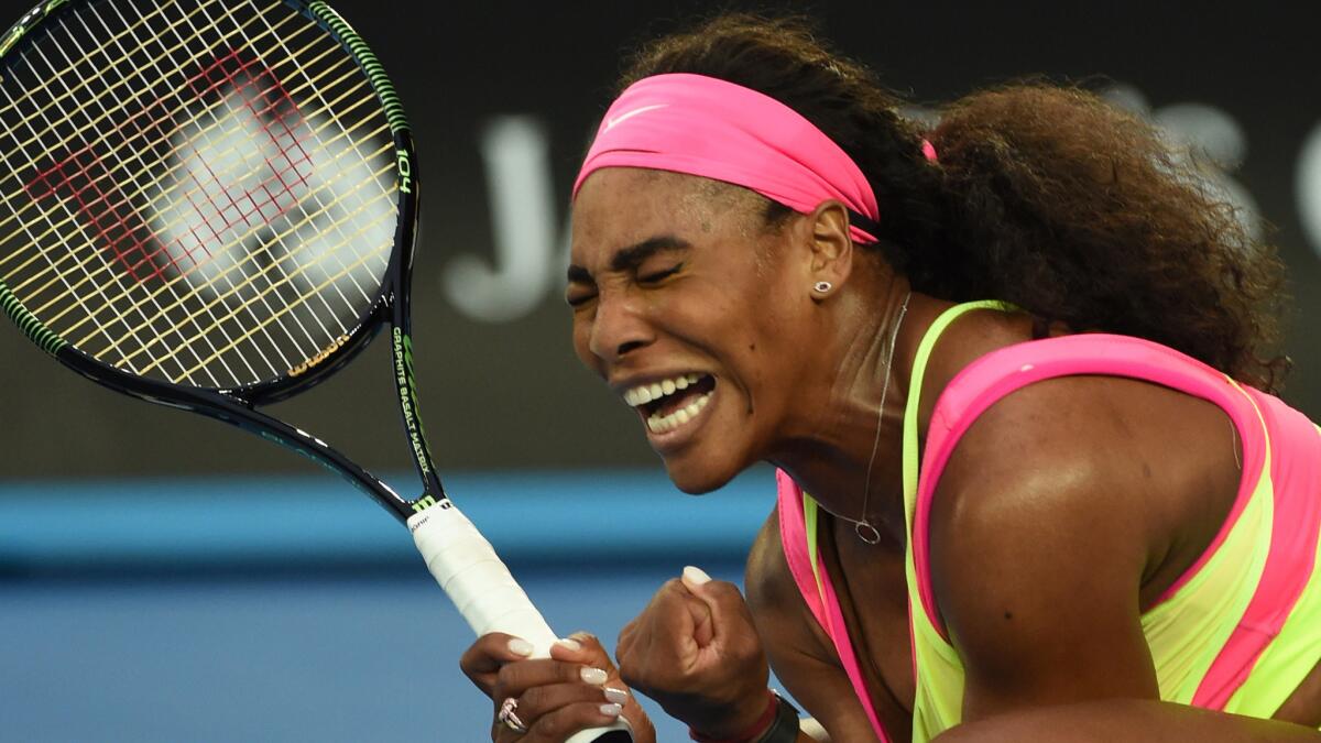 Serena Williams celebrates during her first-round victory over Alison Van Uytvanck at the Australian Open on Tuesday.