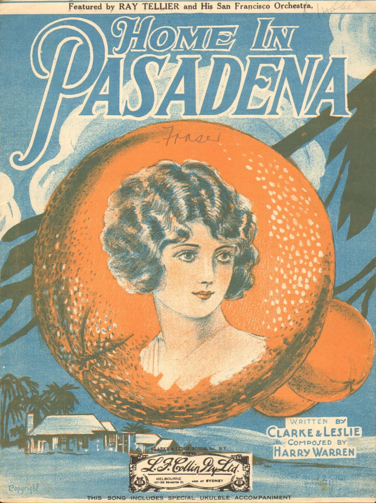 Sheet-music cover illustration shows a portrait of a 1920s-era woman on an orange.