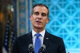 Los Angeles Mayor Eric Garcetti gives his annual State of the City speech in Los Angeles on April 19, 2020.